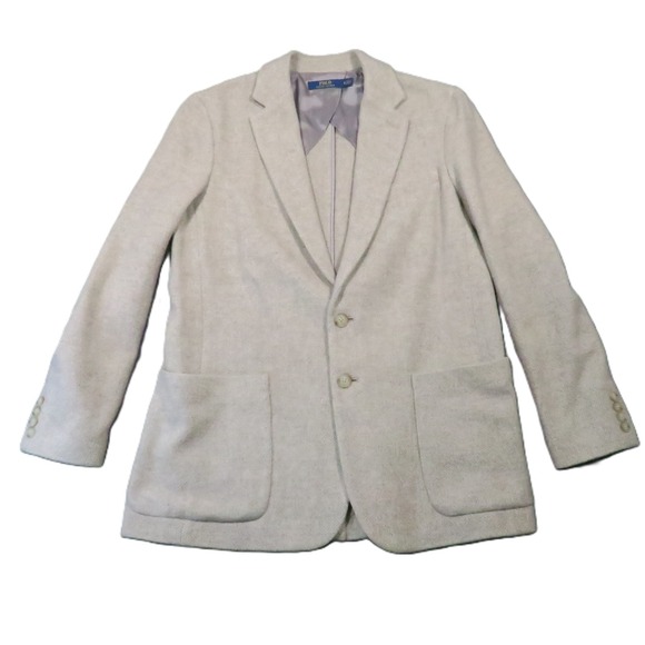 Polo Ralph Lauren Wool Silk Blazer Women 12 Beige Tweed Pockets Old Money Preppy
